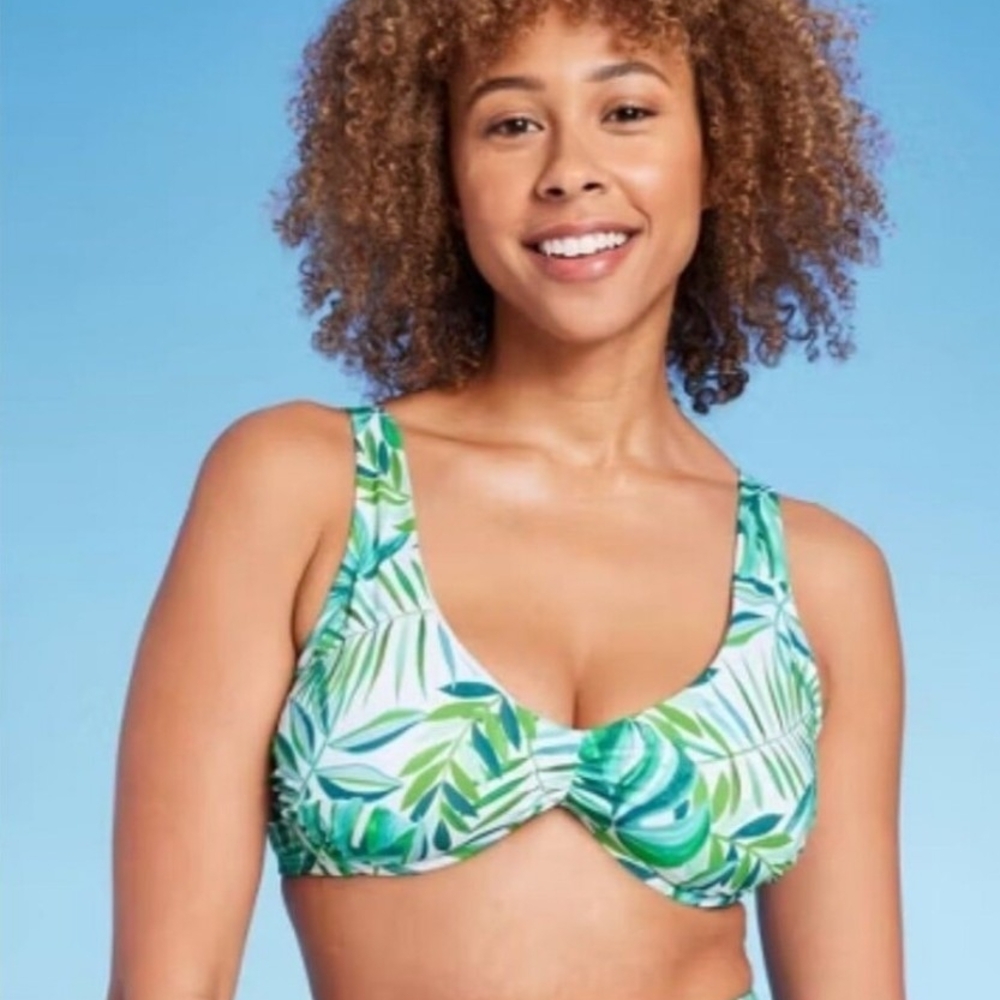 Green & Blue-Tropical Leaf Print-underwire- Bikini Top